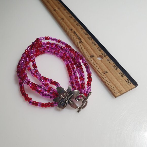 Beaded Bracelet Vintage Red Pink Glass Silver Flower Clasp Handmade Jewelry - Picture 2 of 5